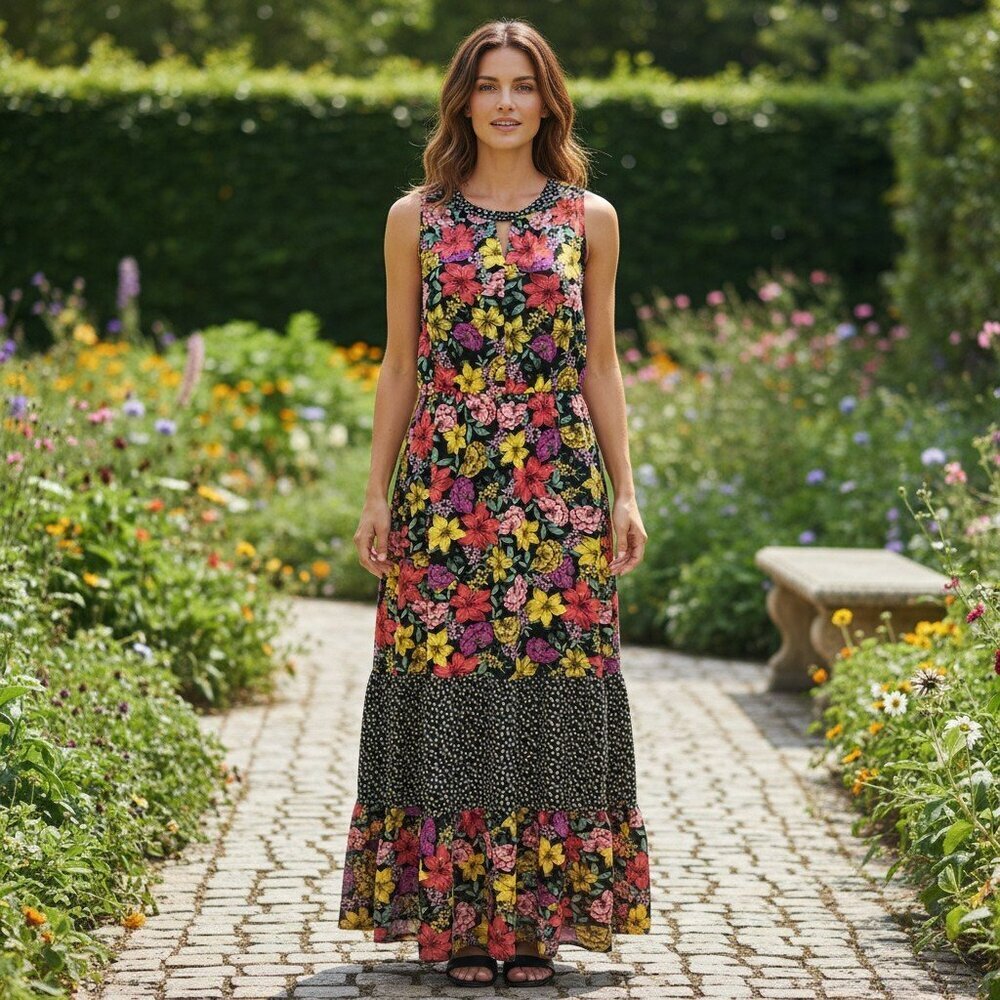 Spense Womens Size 6 Summer Floral Tiered Maxi Dress Cottagecore Keyhole